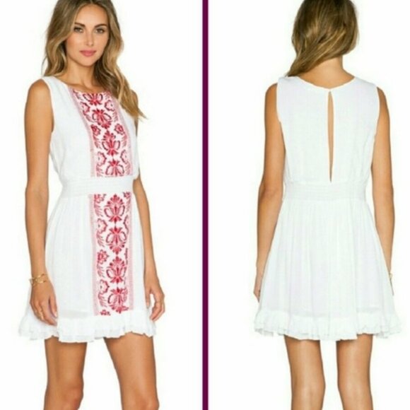 REVOLVE TULAROSA Gemma Embroidered Boho Mini Dress. White and red. Size M - Picture 1 of 7